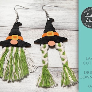 Halloween Macrame Gnome Earrings SVG, Witch Hat Gnome earrings, Glowforge laser cut SVG file, Digital Download,  Cute Gnome Earrings