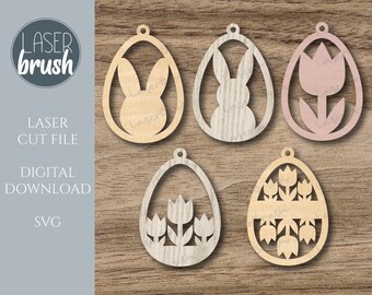 Archivo SVG de huevo de Pascua cortado con láser, conejito y flores (descarga digital)