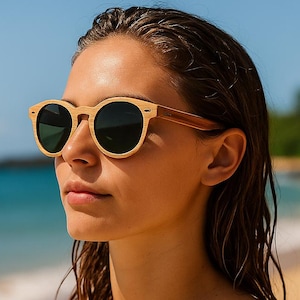 Polarized light round sunglasses | Bamboo wood unisex shades | Beach-ready and lightweight| OCEANA MAUI collection | Handmade | Aloha vibes.