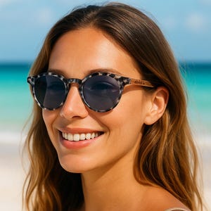 Gafas de sol redondas polarizadas para mujer / Patillas de madera de nogal / Montura con estampado animal gris Honokalani / Protección UV400 ecológica / Oceana Maui Aloha