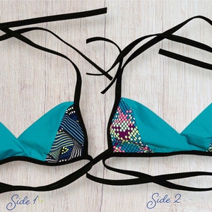 Designer Reversible Triangle String Bikini Top. Two sided. Colorful, Tropical, and Vintage designs. Hawaii Swimwear. Two in one.