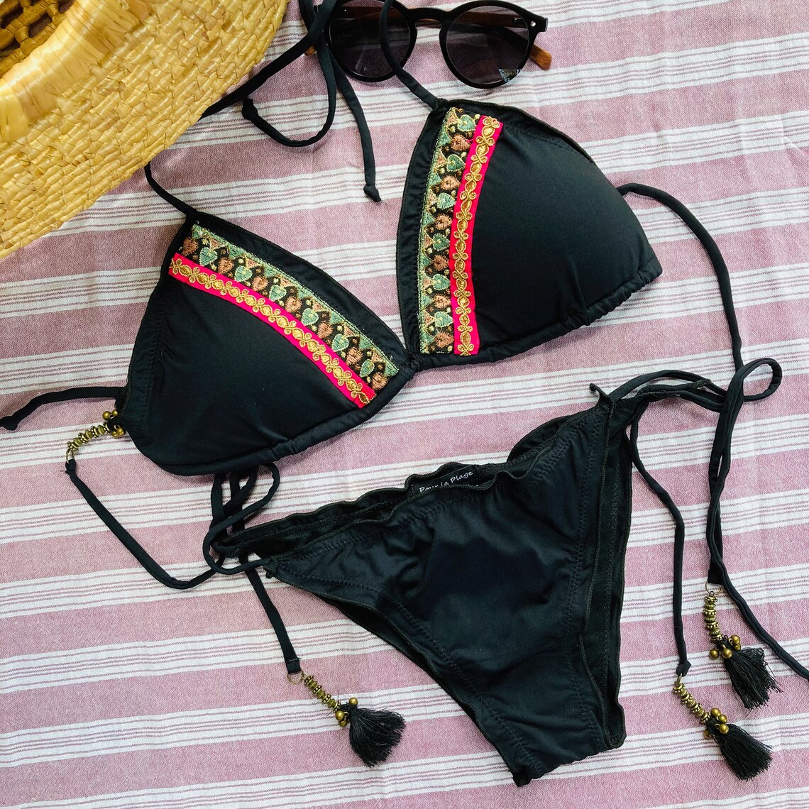 Womens Designer Bikini Set. Custom Indian Gold Embroidered Silk Ribbon