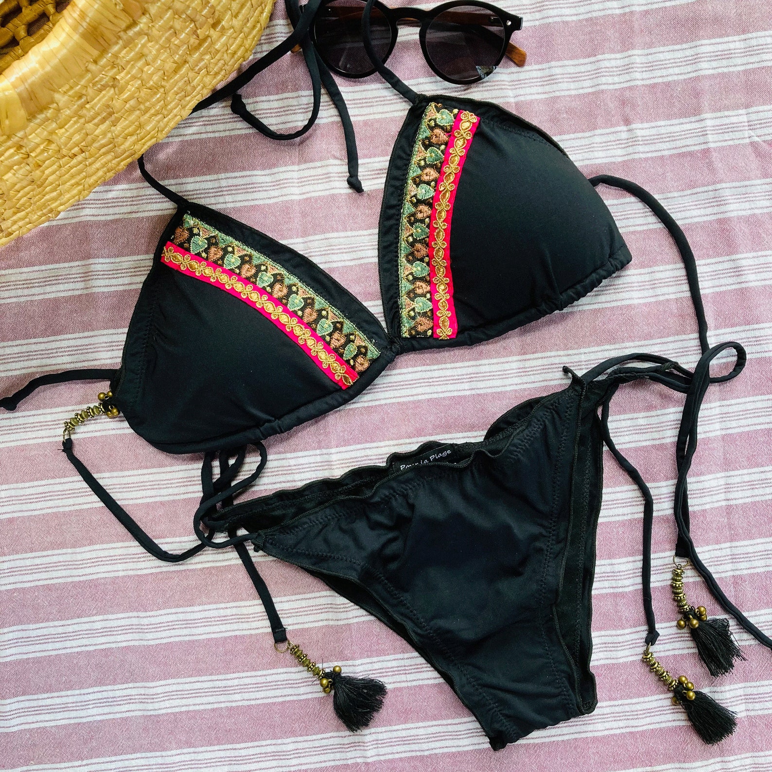 Womens Designer Bikini Set. Custom Indian Gold Embroidered Silk Ribbon