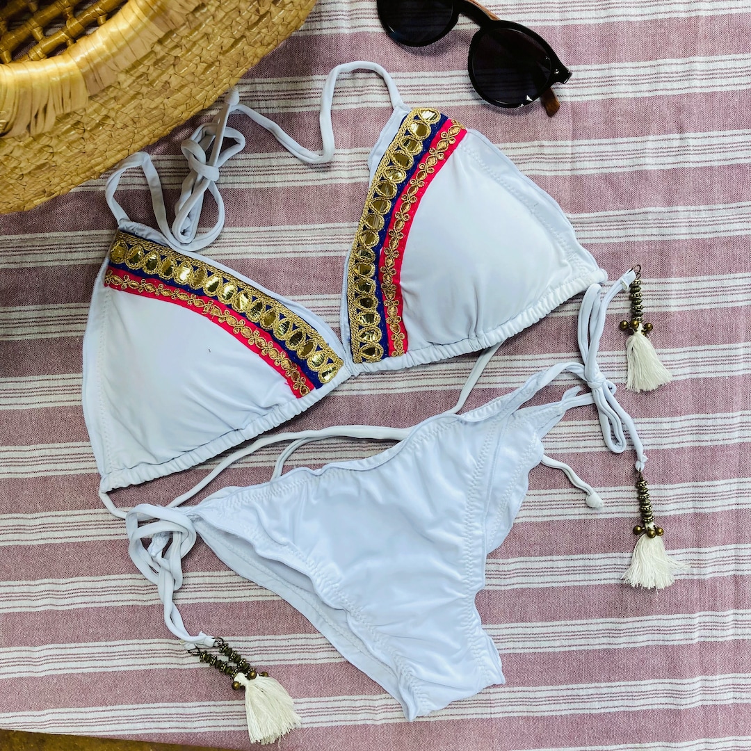 Womens Designer Bikini Set. Custom Indian Gold Embroidered Silk Ribbon