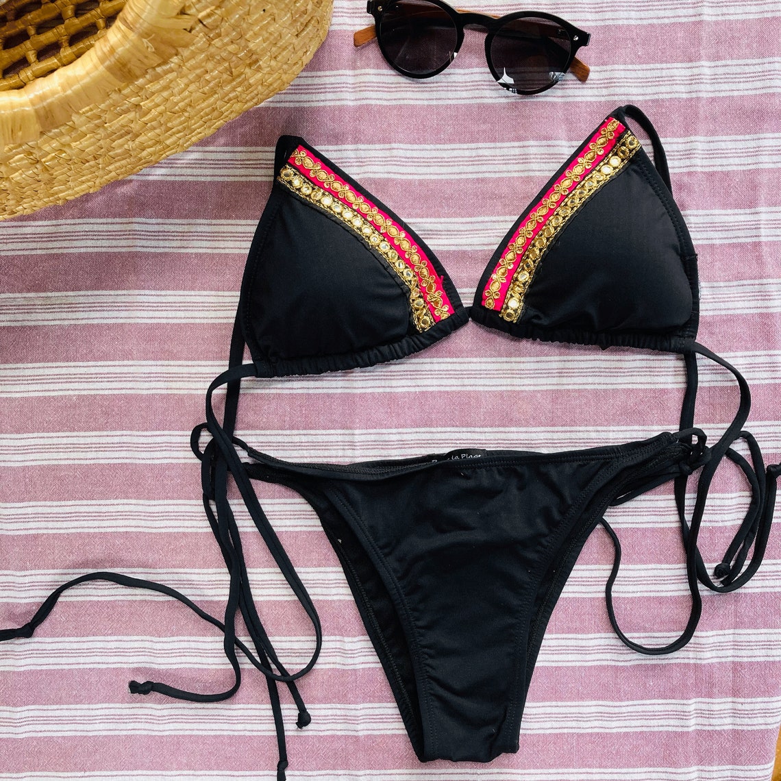 Womens Designer Bikini Set. Custom Indian Gold Embroidered Silk Ribbon