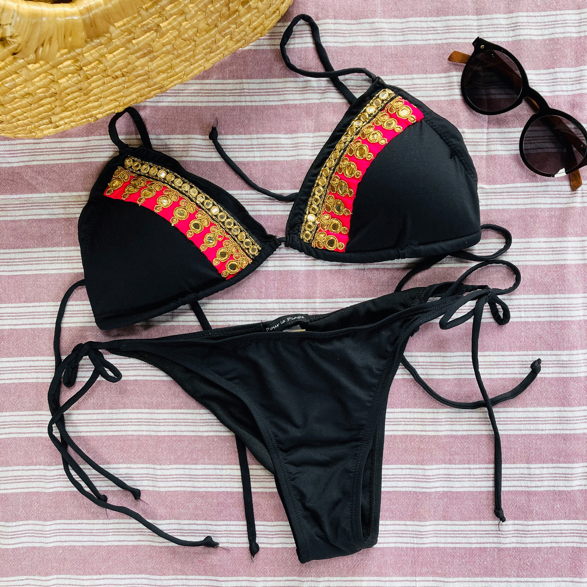 Womens Designer Bikini Set. Custom Indian Gold Embroidered Silk Ribbon