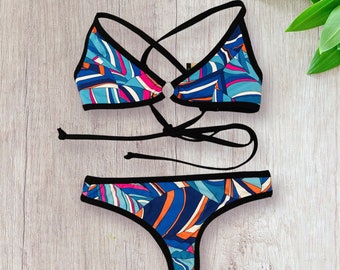 Unique psychedelic, Vintage Pattern, Designer Bikini Set. Butterfly Top with O-ring.  Brazilian Thong Bikini Bottom. Hawaii Bikini. 2 pcs.