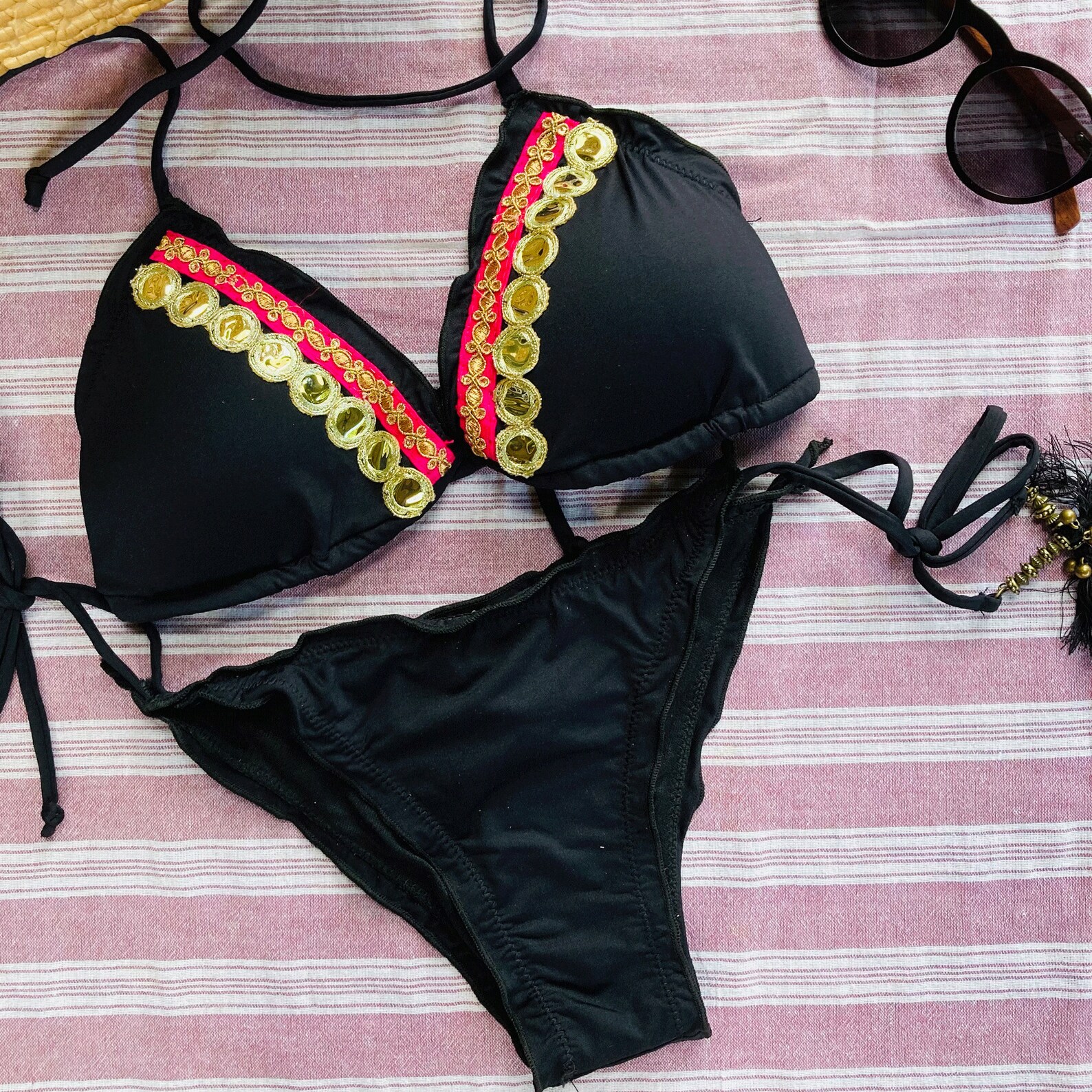 Womens Designer Bikini Set. Custom Indian Gold Embroidered Silk Ribbon