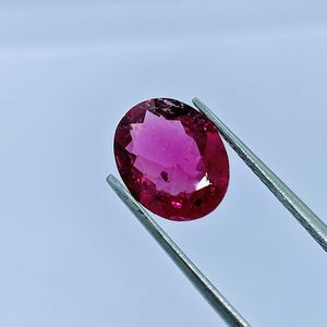 Puede incluir: Una gema facetada, de forma ovalada, en tonos rosa intenso y magenta, es sostenida por unas pinzas plateadas sobre un fondo blanco. La gema tiene una superficie pulida con inclusiones internas.
