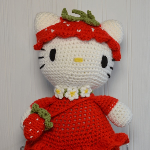 Erdbeer Hello Kitty inspiriert - Handgemachte Plüschpuppe mit kleiner Erdbeertasche, Stofftier, Sammlerstück, Geburtstagsgeschenk, Weihnachtsgeschenk