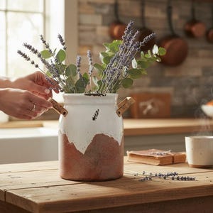 May include: A rustic white and brown ceramic vase with wooden handles holds lavender and greenery. The vase sits on a wooden table with a cup of coffee, a book, and a bowl of fruit. The scene is set in a kitchen.