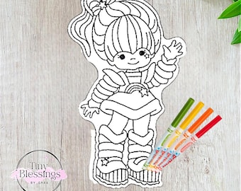 Rainbow Brite Reusable Flat Coloring dolls, Party Favor, Vinyl Doll, Basket Stuffer