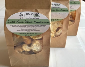 Dried Lion's Mane Mushrooms (homegrown using organic and sustainable methods) Net wt: 1 oz, 8oz or 16oz