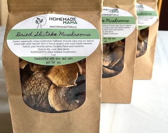 Dried Shiitake Mushrooms (homegrown using organic and sustainable methods) Net wt: 1 oz, 8oz or 16oz (bulk)