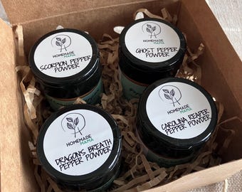 Hot Pepper Powder 4 piece Gift Set. Organically US homegrown. Ghost, Scorpion, Carolina Reaper, Dragon's Breath. Net wt of each jar: 0.5 oz