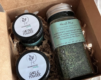 Herbs and Spices 3 piece gift set. Organically US homegrown. Includes All Purpose Herb Mix, Granulated Garlic Powder, and Shiitake Powder.