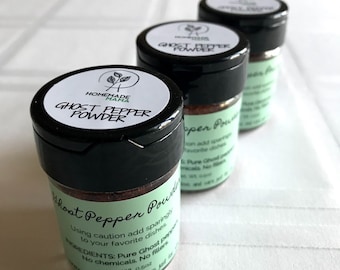 Super hot pepper powders (organically homegrown). Ghost, Scorpion, Carolina Reaper, Dragon's Breath. Net wt: 0.5 oz