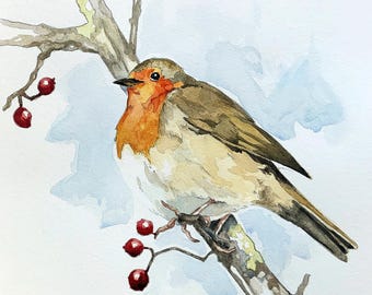Original - NOT A PRINT,  robin watercolour, robin painting, robin art, bird artwork, bird original painting - Unframed artwork