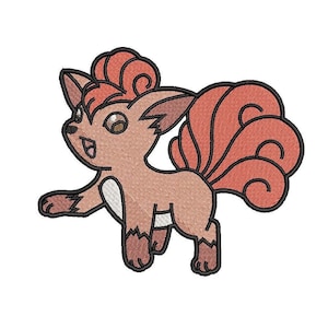 Puede incluir: Una ilustración de dibujos animados de un Pokémon parecido a un zorro marrón y rojo con una cola rizada. El Pokémon tiene un cuerpo marrón con un pecho blanco y una melena y una cola rojas.