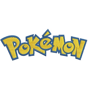 Könnte beinhalten: Ein gesticktes Logo mit dem Wort "Pokémon" in einer stilisierten Schriftart, in gelber Farbe mit blauer Umrandung.