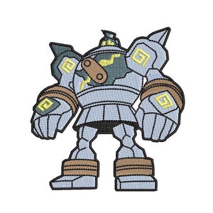 May include: A gray and brown cartoon character with a yellow gear on its chest. The character has a large, round body and is standing with its arms outstretched.