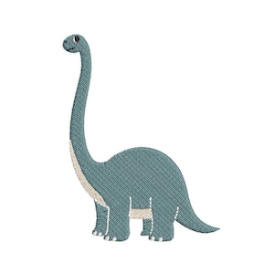 May include: A blue cartoon dinosaur with a long neck and a white belly.