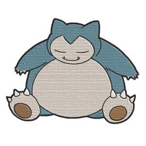 Könnte beinhalten: Ein blauer und brauner Cartoon-Snorlax-Pokémon-Charakter mit geschlossenen Augen und einem Lächeln. Der Charakter sitzt mit gekreuzten Beinen und seinen Armen auf dem Bauch.
