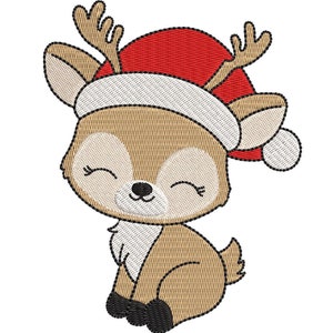 May include: A cartoon reindeer wearing a red and white Santa hat with a brown body and black hooves.