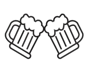 May include: Two black line art beer mugs clinking together, each filled with foamy white beer. The mugs have a handle and vertical lines on the front, suggesting a classic design. The image is on a white background.