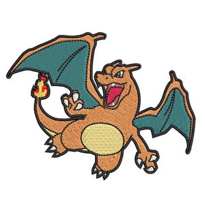 May include: An embroidered patch featuring a dragon-like creature with orange skin, a cream-coloured belly, and teal wings. The creature has an open mouth with visible teeth, a long tail ending in a small yellow and red flame, and black outlines.
