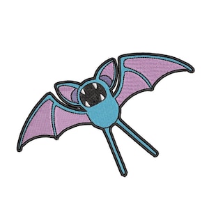 May include: A blue and purple embroidered patch of a cartoon bat with its mouth open, showing its teeth. The bat has large, pointed ears and long, thin legs.