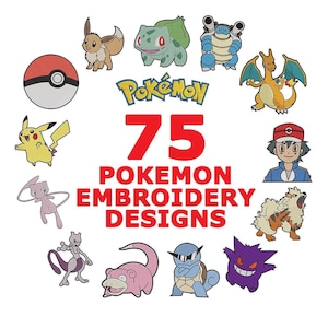 Puede incluir: Imagen con 75 diseños de bordado de Pokémon. La imagen presenta varios personajes de Pokémon, como Pikachu y Charizard, dispuestos alrededor del texto "75 Pokemon Embroidery Designs". También se incluye una Pokeball.