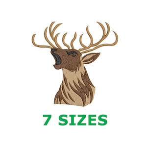 May include: Embroidered design of a brown and tan deer head with antlers. The deer is looking up and has its mouth open. The text "7 SIZES" is below the deer.