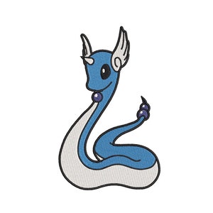 May include: A blue and white embroidered patch of a cartoon snake-like Pokemon with a purple gem around its neck.