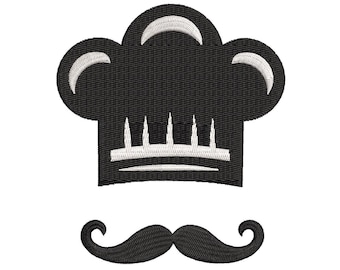 May include: Black and white illustration of a chef's hat with a mustache underneath.