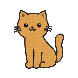 Op de afbeelding: Een cartoonillustratie van een schattige oranje kat met zwarte ogen en een zwarte omtrek. De kat zit met zijn staart om zijn lichaam gekruld.