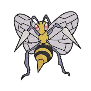 Puede incluir: Una abeja de dibujos animados con alas moradas y rayas negras y amarillas. La abeja tiene ojos rojos y un aguijón puntiagudo.