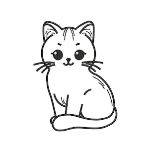 Op de afbeelding: Een zwart-witte lijntekening van een cartoonkat met grote ogen en een schattige uitdrukking.