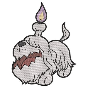 May include: A gray and white embroidered illustration of a dog with a lit candle on its head. The dog is looking up and has a happy expression.