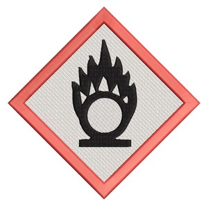 May include: A red diamond-shaped warning sign with a black flammable symbol inside. The symbol depicts a flame over a circle.
