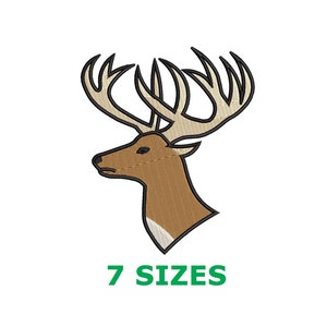 Może przedstawiać: Głowa jelenia w kolorze brązowym i beżowym z dużymi rogami. Jeleń jest zwrócony w lewo. Obraz zawiera tekst "7 SIZES".