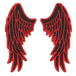 May include: A pair of red and black embroidered angel wings. The wings are detailed with black stitching and a red outline.