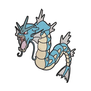 May include: An embroidered patch depicting a mythical water dragon with a large mouth and sharp teeth, in shades of blue and beige.