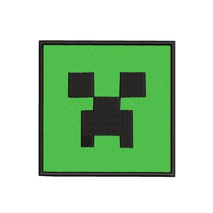 Könnte beinhalten: Ein grüner quadratischer Patch mit einem schwarzen Creeper-Gesicht aus dem Videospiel Minecraft.