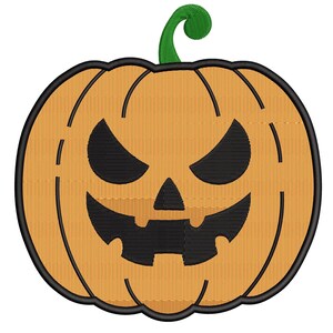 May include: A cartoon jack-o'-lantern with a menacing grin. The pumpkin is orange with a green stem and black eyes, nose, and mouth.