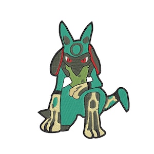 May include: An embroidered patch featuring a green and black creature with red eyes and a skeletal leg. The creature is sitting with its tail curled around its body.