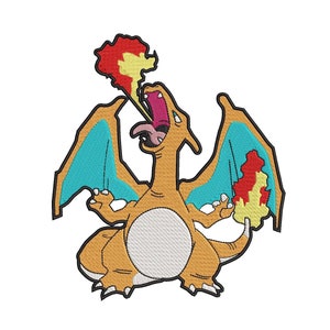 May include: A cartoon illustration of a red and orange dragon with blue wings breathing fire. The dragon is in a roaring pose with its mouth open and its tongue sticking out.