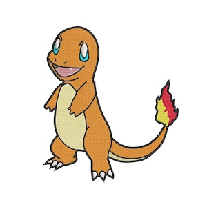 Peut inclure: Un personnage de dessin animé orange et jaune avec une queue de flamme. Le personnage a un large sourire et des yeux bleus.