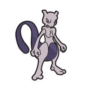 May include: Embroidered patch featuring the Pokémon Mewtwo. The patch depicts Mewtwo in shades of purple and gray, with a dark purple tail. The design is detailed with black outlines, perfect for adding to clothing or accessories.