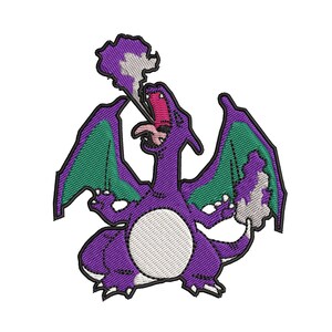 May include: Purple and green embroidered patch of a dragon with smoke coming out of its mouth.